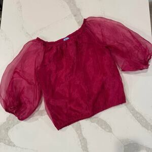 CeCe Off Shoulder Sheer Puff Sleeve Blouse Women's Medium Red Glam Renaissance